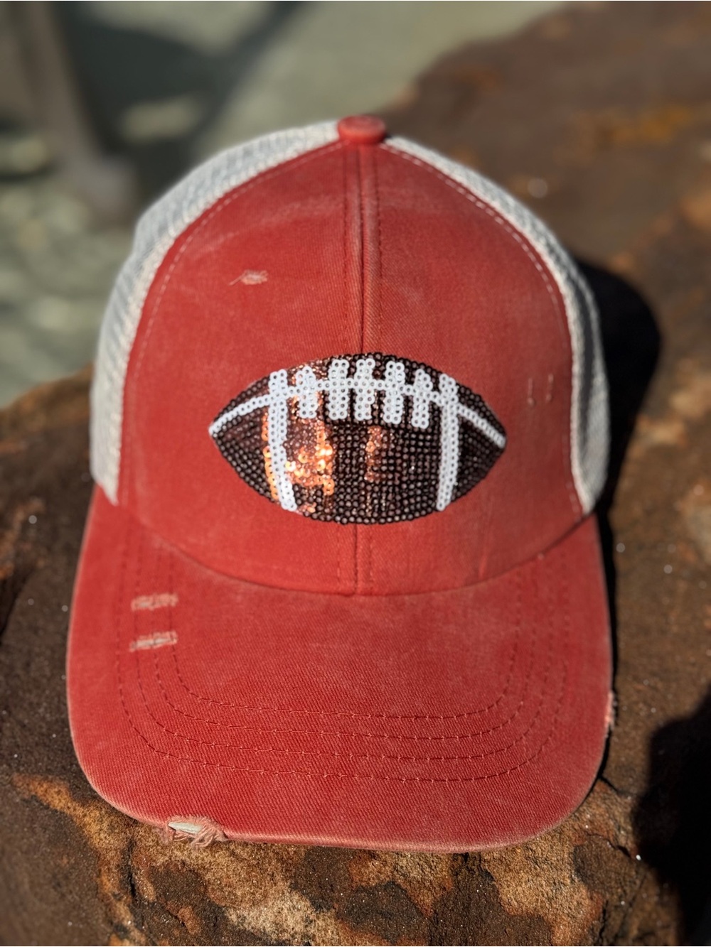 Sequin Football Ponytail Trucker Hat